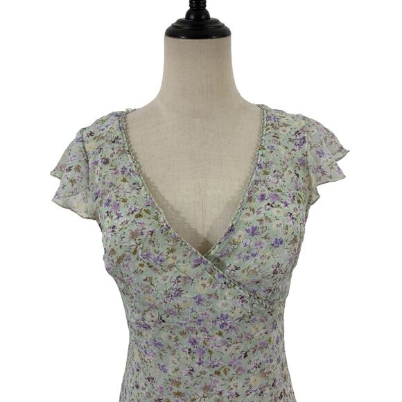 Vtg 90s City Triangles Floral Dress Green Purple Chiffon Cottagecore Fairy Sz S - Picture 2 of 13